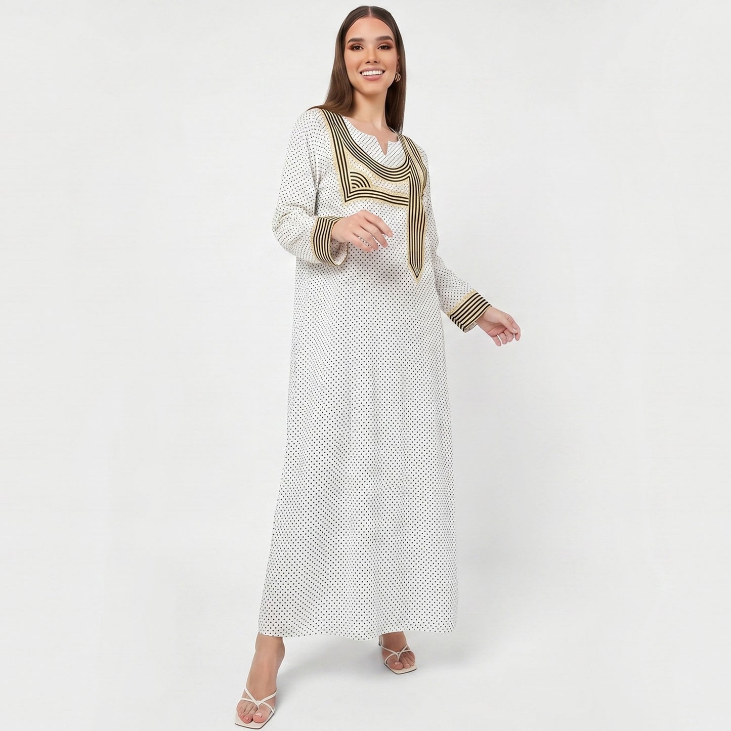 Emirati Mukhawar – White with Black & Gold Embroidery