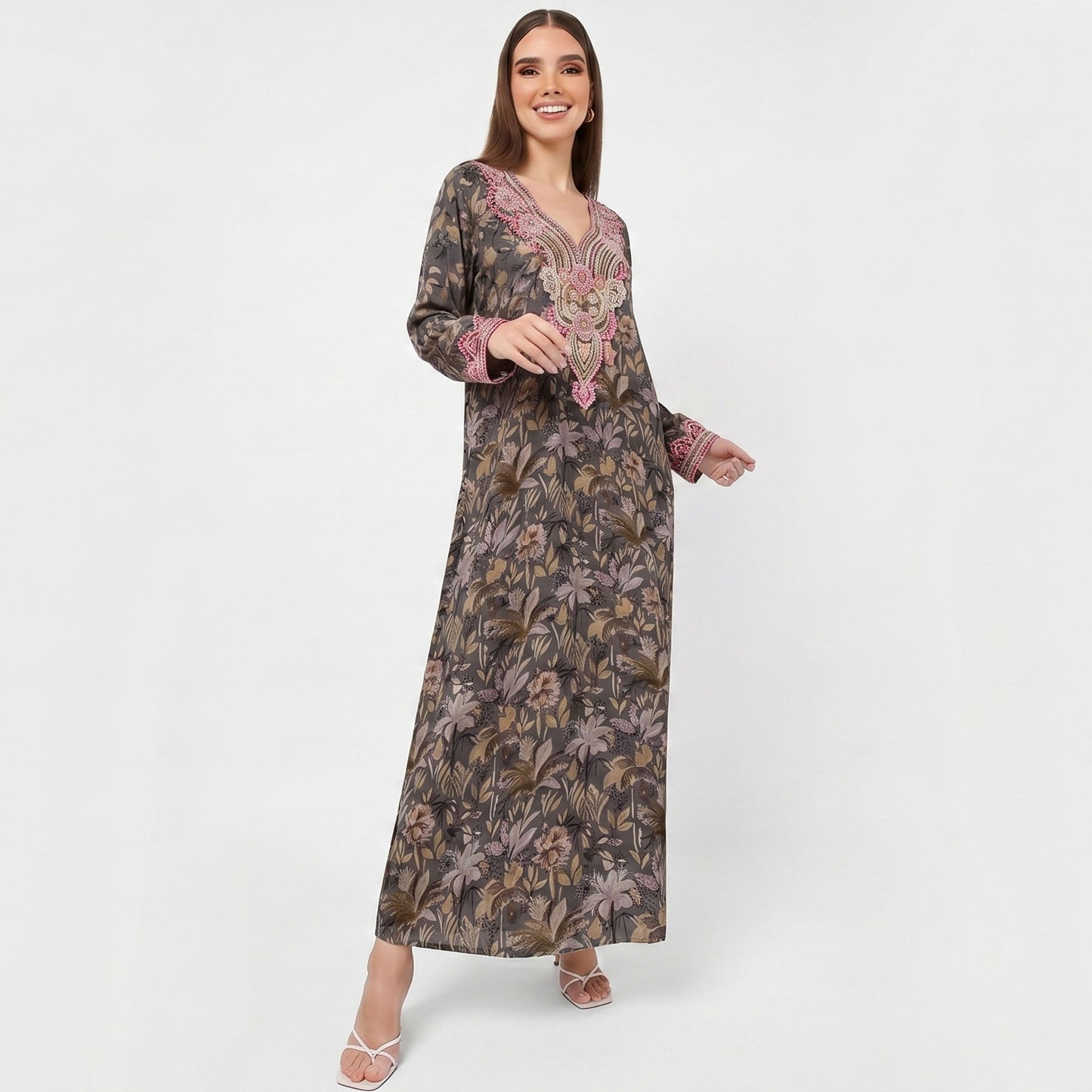 Emirati Mukhawar – Brown Floral with Pink & Gold Embroidery and Crystal