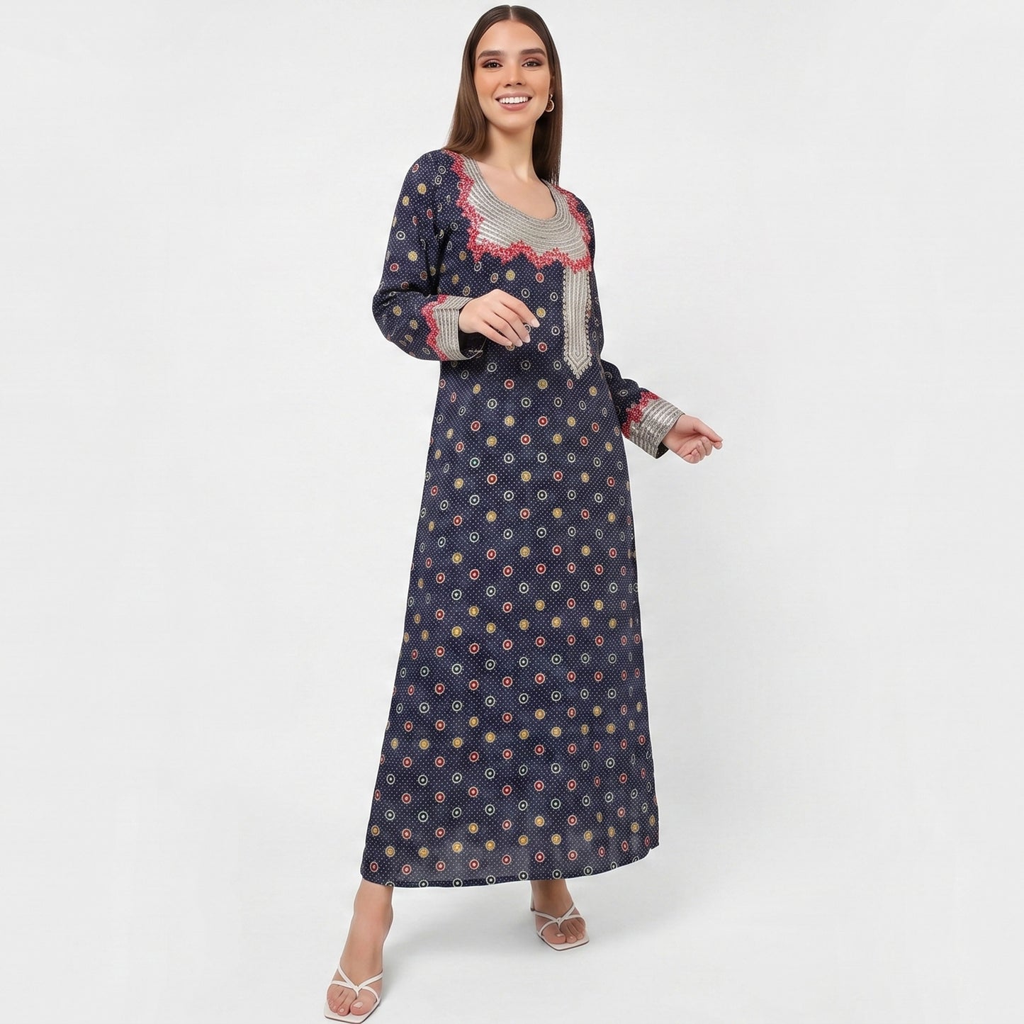 Emirati Mukhawar – Navy Blue with Multicolor Print, Red Embroidery & Stone Work