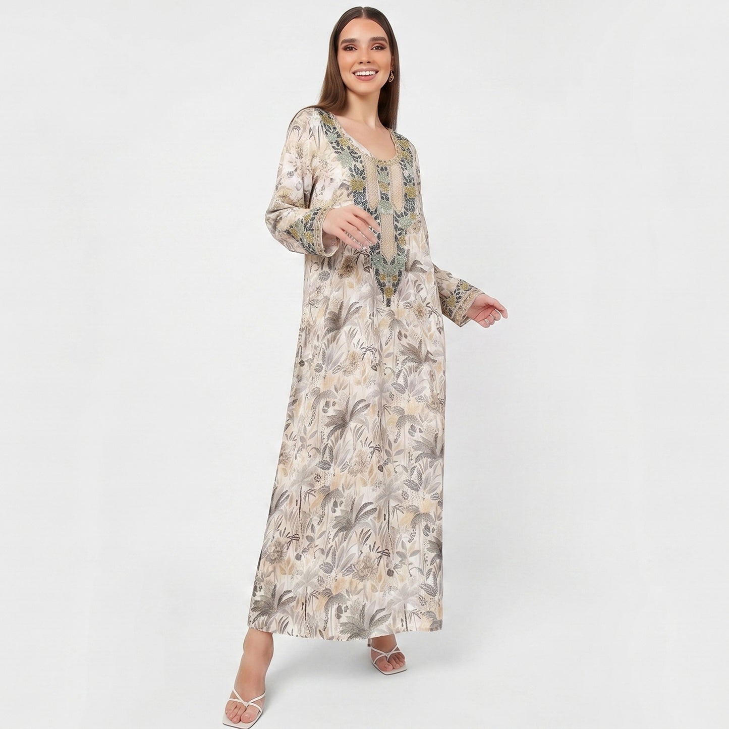 Emirati Mukhawar – Soft Cream Floral with Gold, Mint & Stone Embroidery