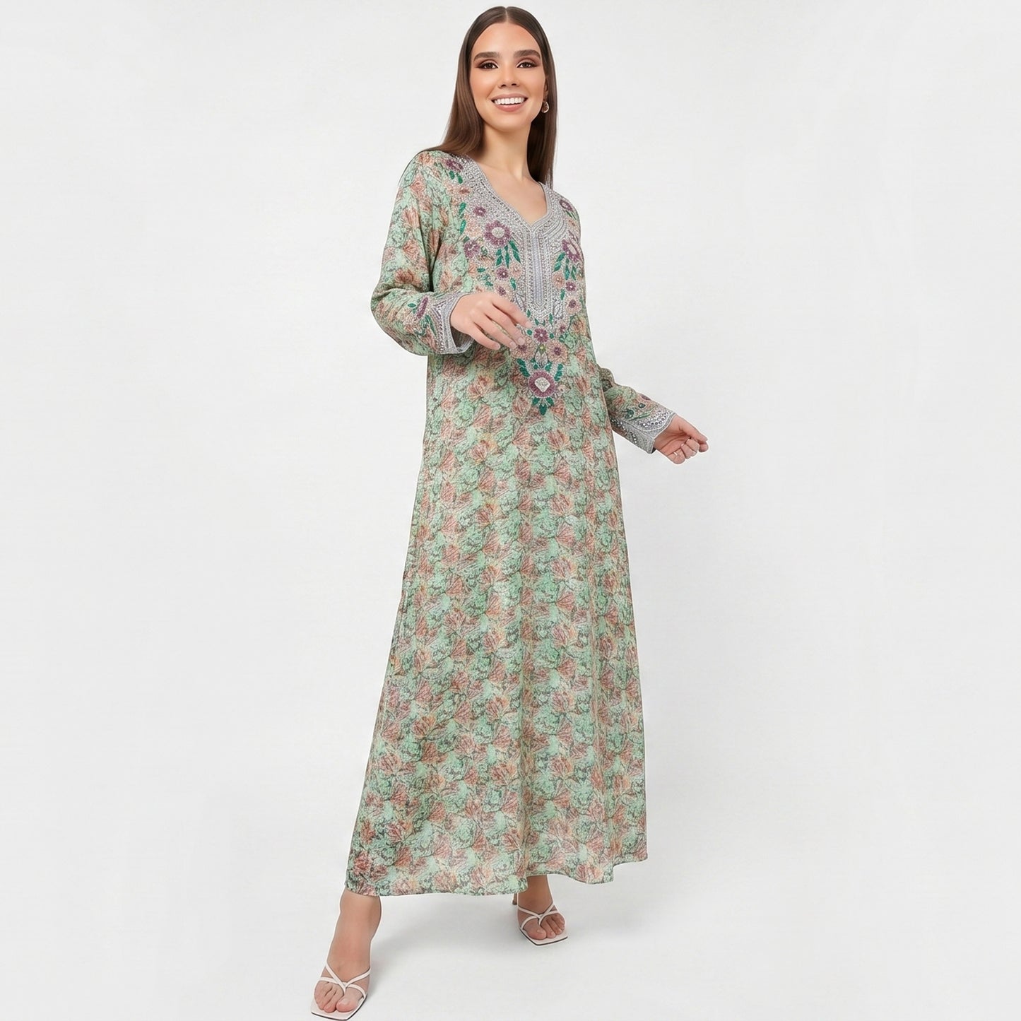 Emirati Mukhawar – Mint Green Floral with Multicolor Embroidery & Stone Work