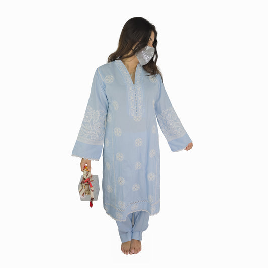 Sky Blue Embroidered Pakistani Suit