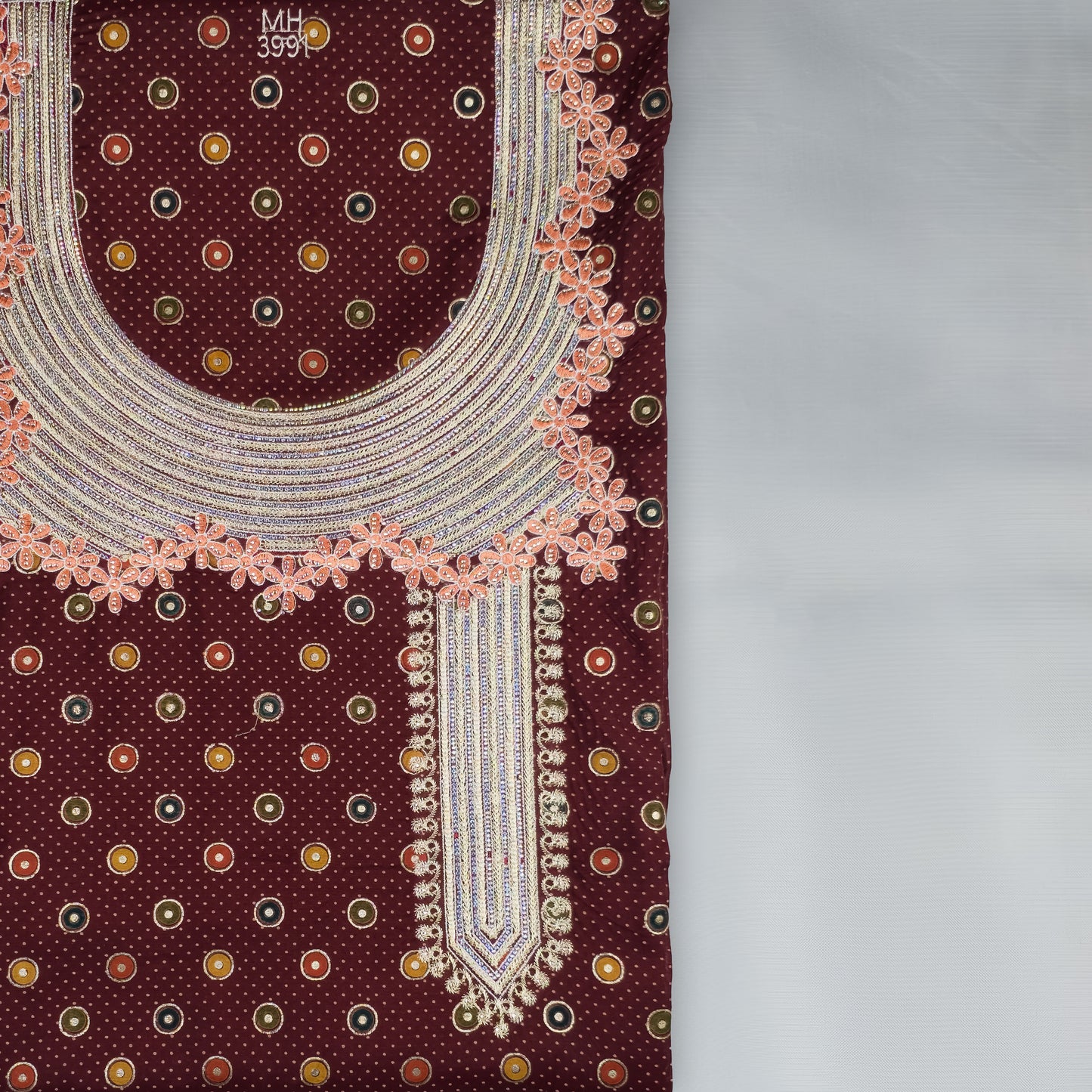 Emirati Mukhawar – Red with Multicolor Print & Pink Embroidery