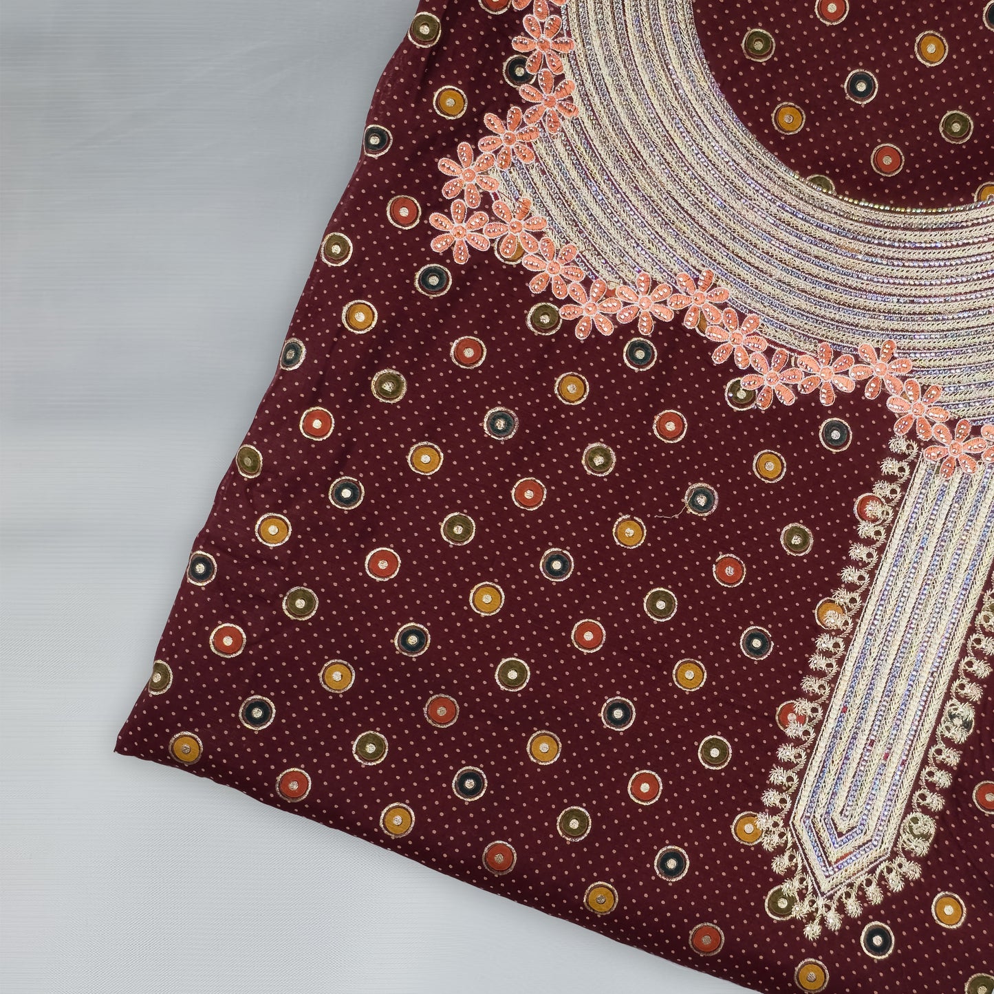 Emirati Mukhawar – Red with Multicolor Print & Pink Embroidery