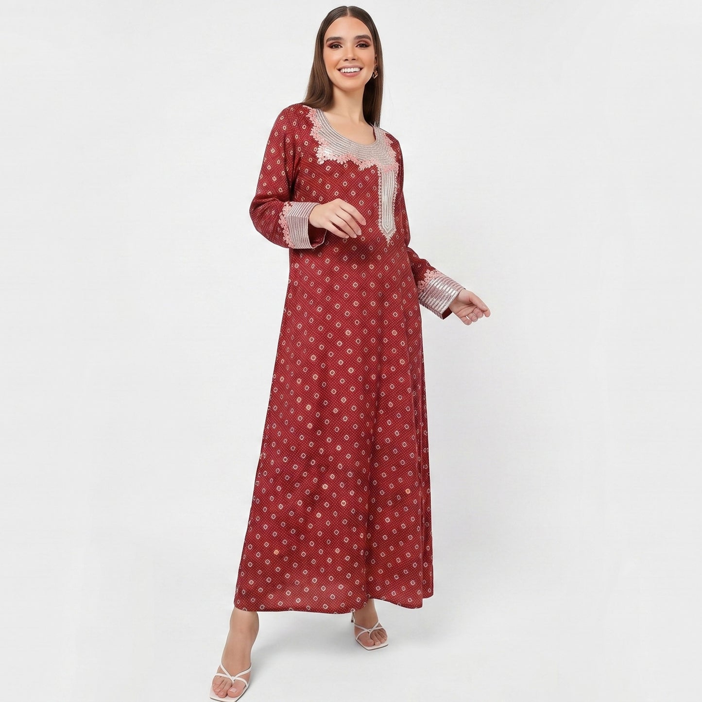 Emirati Mukhawar – Red with Multicolor Print & Pink Embroidery
