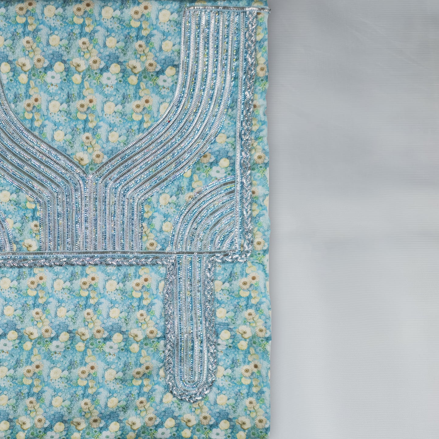Emirati Mukhawar – Turquoise Floral with Silver Embroidery