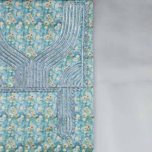 Emirati Mukhawar – Turquoise Floral with Silver Embroidery
