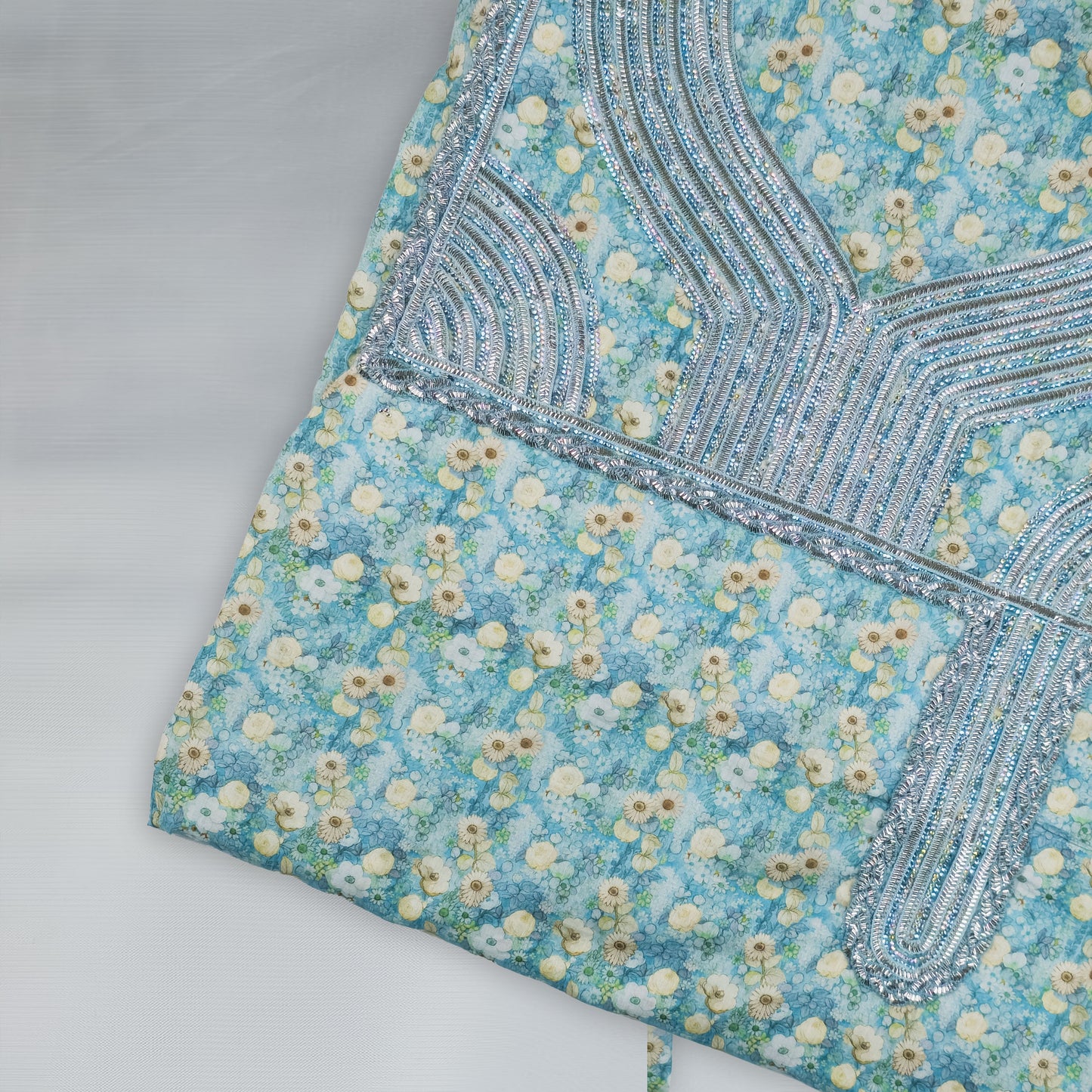 Emirati Mukhawar – Turquoise Floral with Silver Embroidery