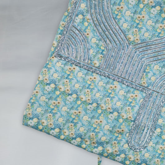 Emirati Mukhawar – Turquoise Floral with Silver Embroidery
