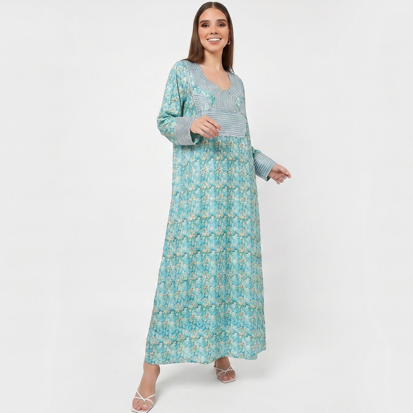 Emirati Mukhawar – Turquoise Floral with Silver Embroidery