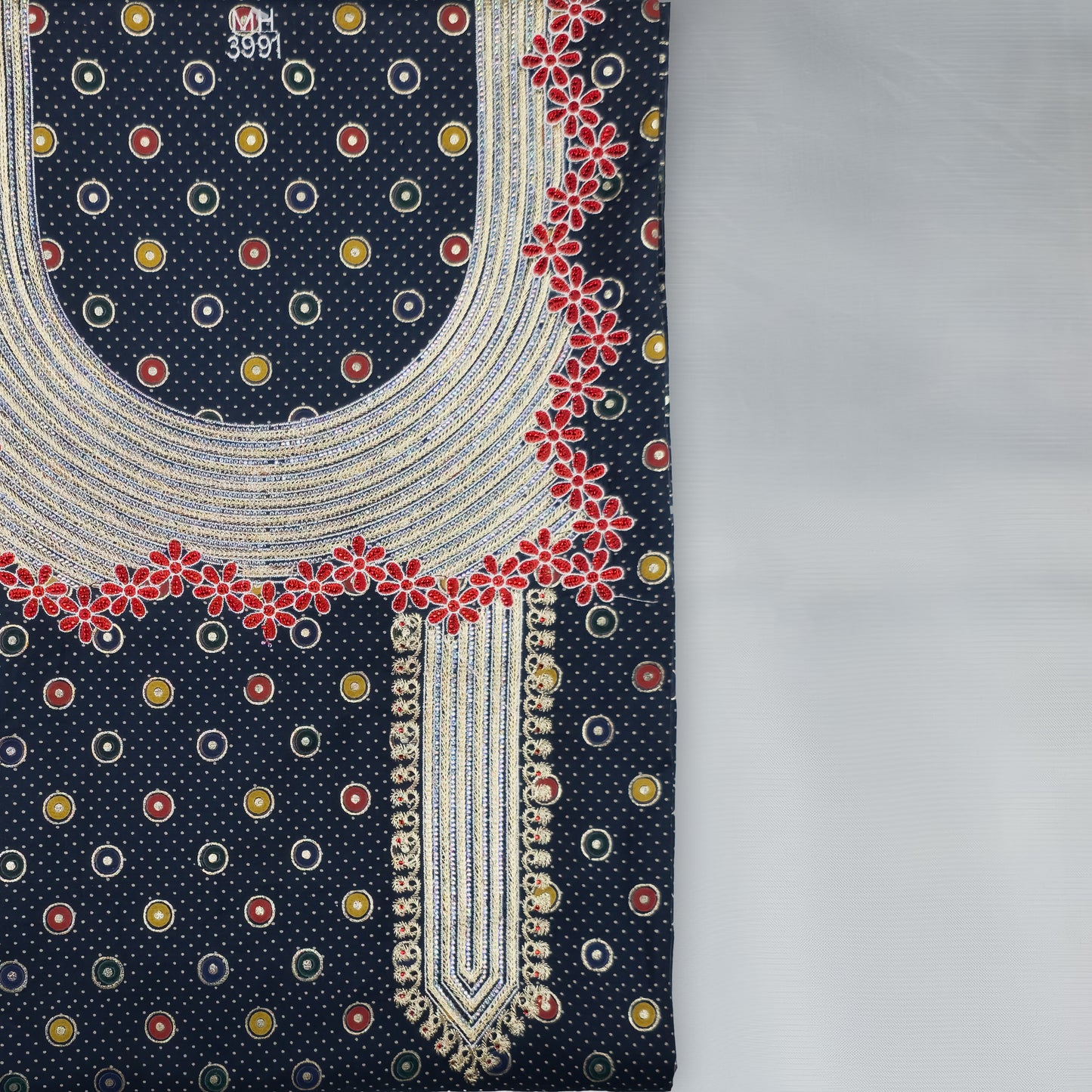 Emirati Mukhawar – Navy Blue with Multicolor Print, Red Embroidery & Stone Work