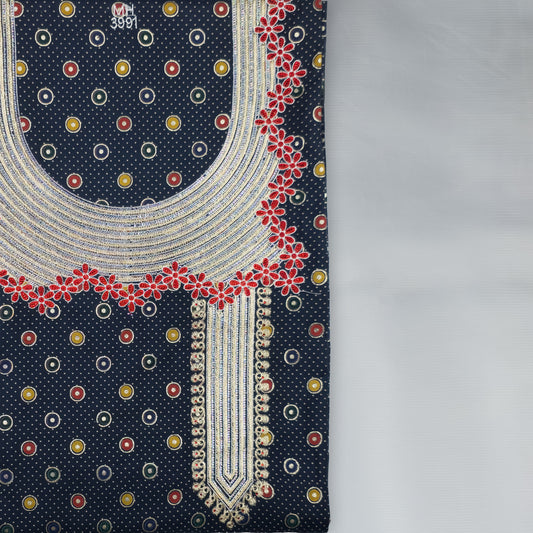 Emirati Mukhawar – Navy Blue with Multicolor Print, Red Embroidery & Stone Work