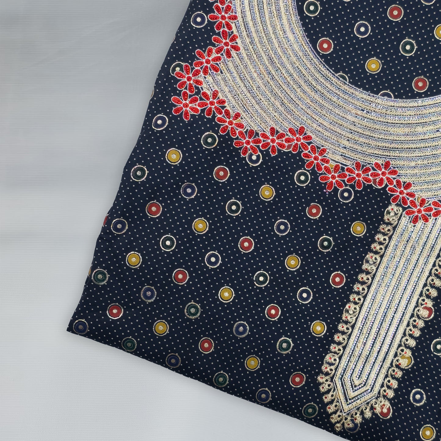 Emirati Mukhawar – Navy Blue with Multicolor Print, Red Embroidery & Stone Work