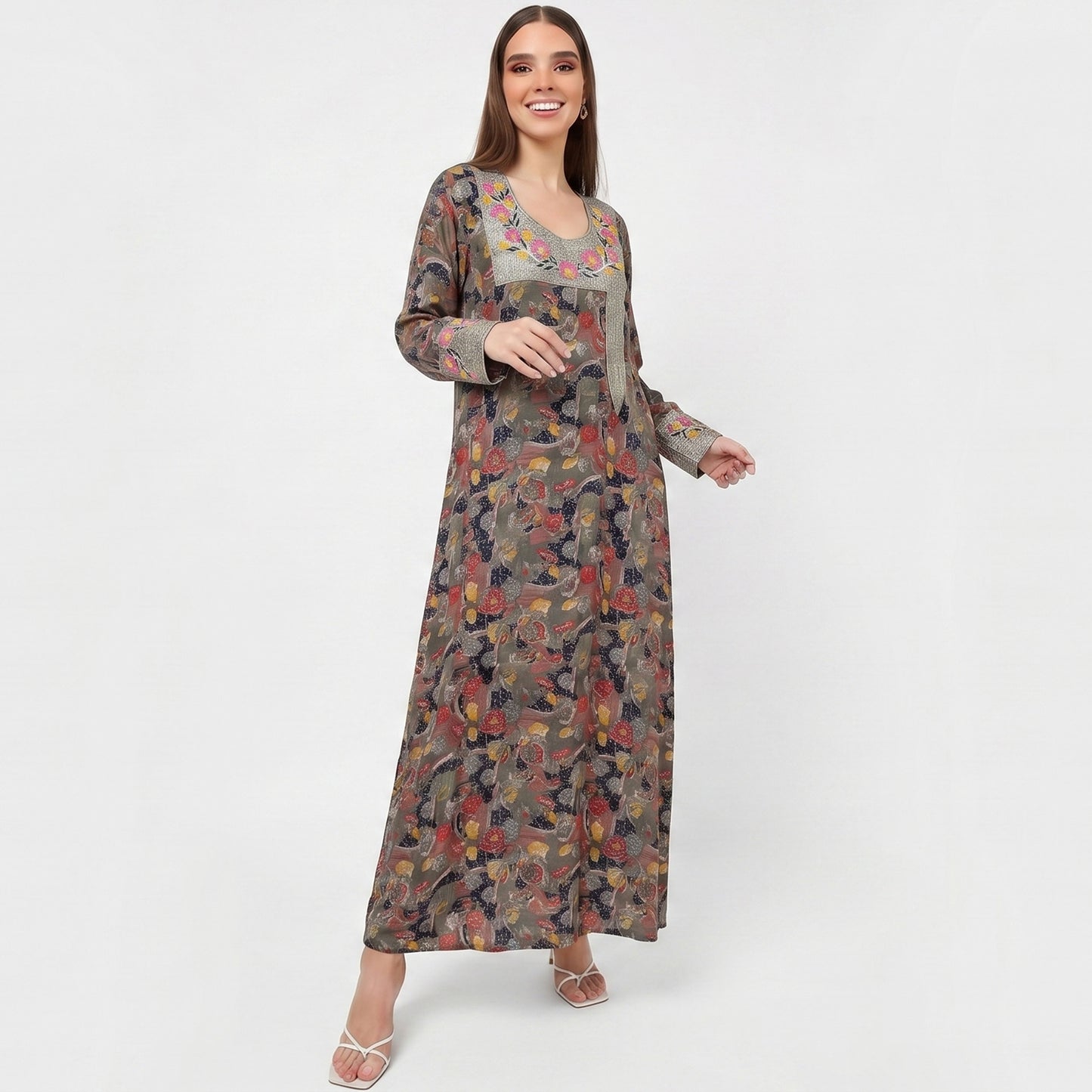 Emirati Mukhawar – Multicolor Floral with Gold Embroidery & Stone Work