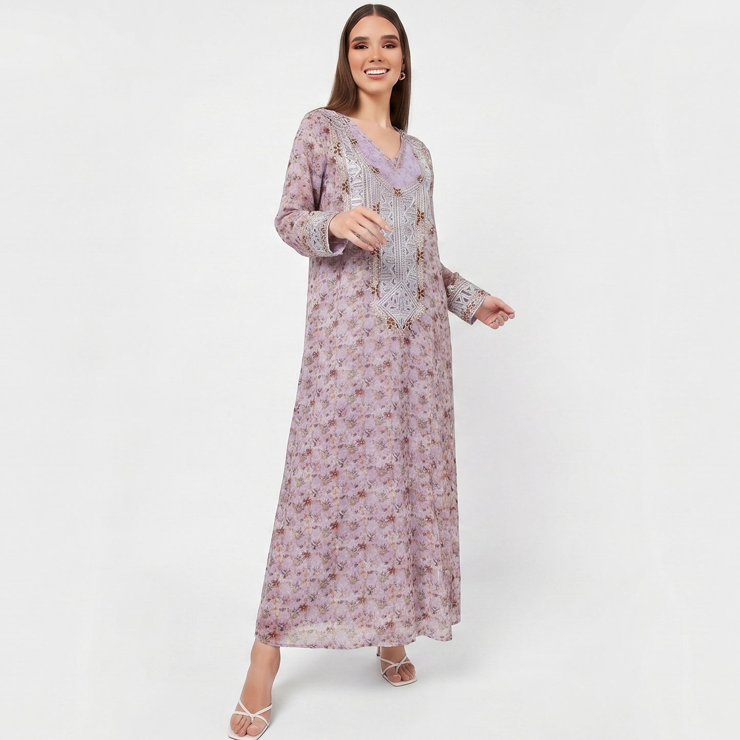 Emirati Mukhawar – Light Lavender Floral with Silver Embroidery & Stone Work
