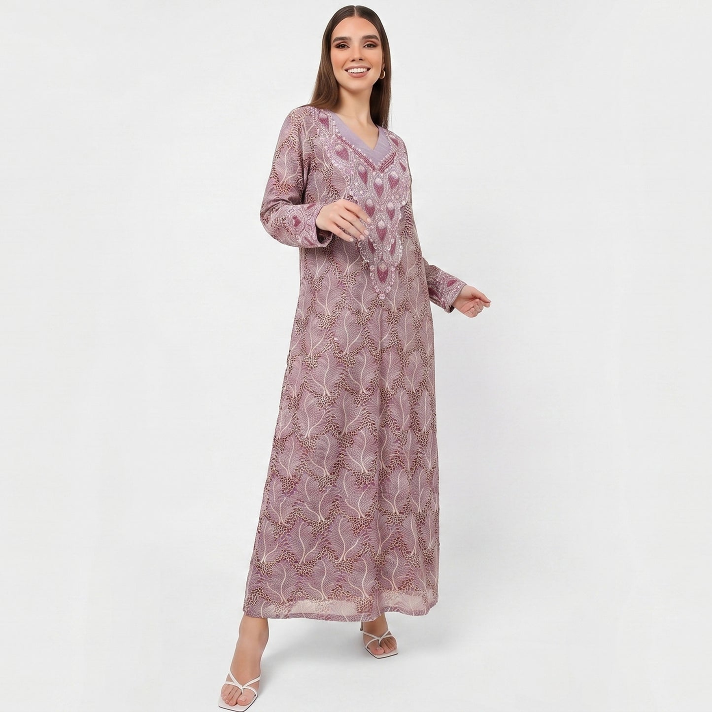 Emirati Mukhawar – Italian Silk Dusty Rose with Pink Embroidery & Stone Work