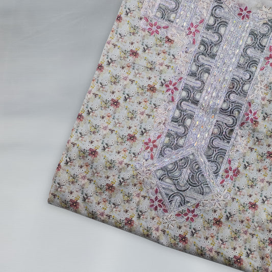 Emirati Mukhawar – Pearl Grey Floral with Silver Embroidery & Stone Work