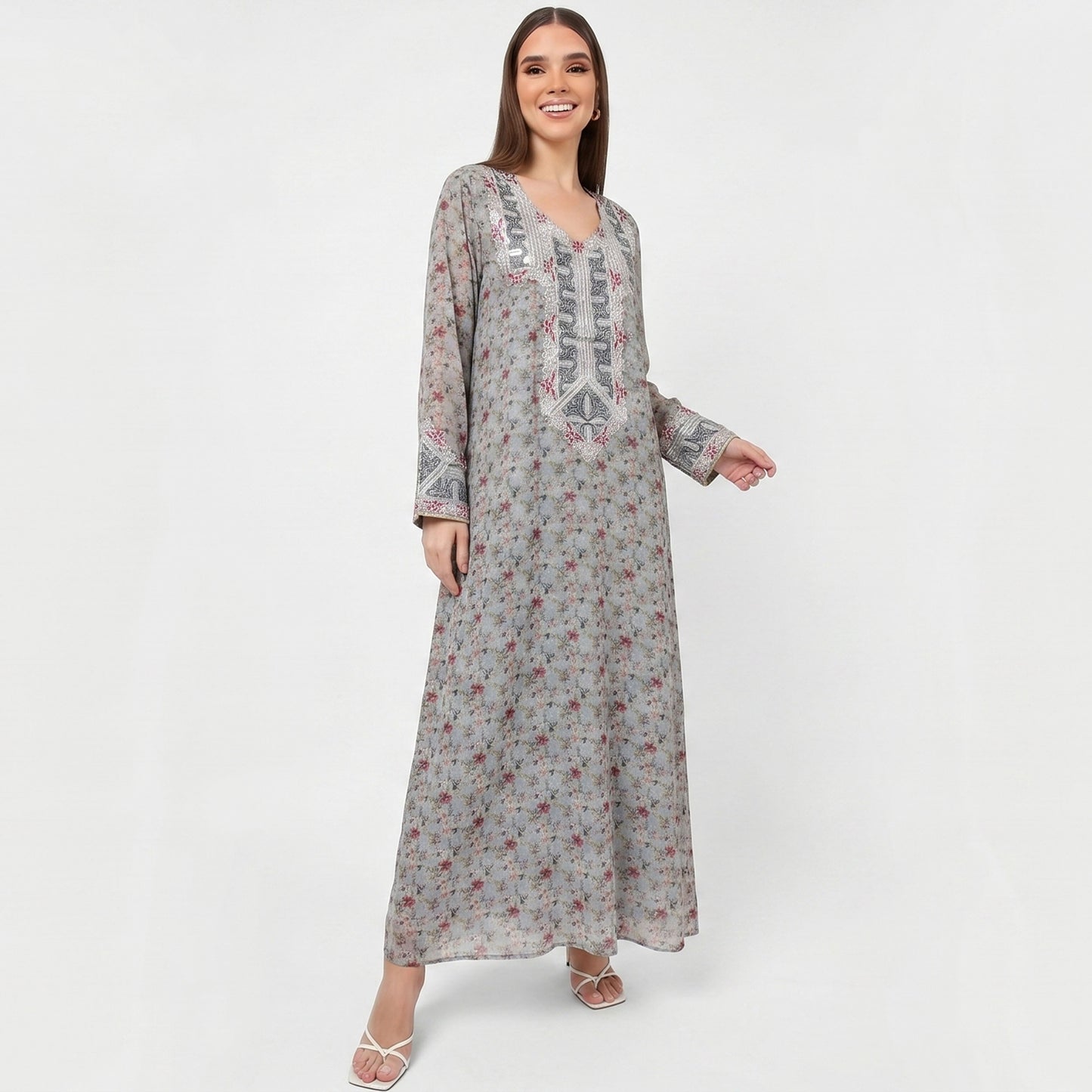Emirati Mukhawar – Pearl Grey Floral with Silver Embroidery & Stone Work