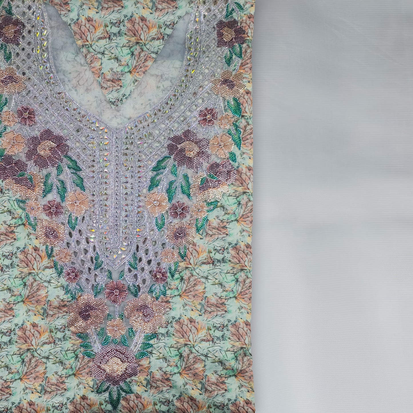 Emirati Mukhawar – Mint Green Floral with Multicolor Embroidery & Stone Work