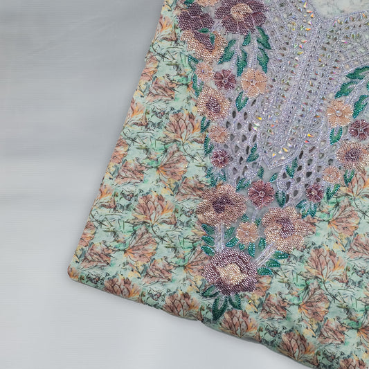 Emirati Mukhawar – Mint Green Floral with Multicolor Embroidery & Stone Work