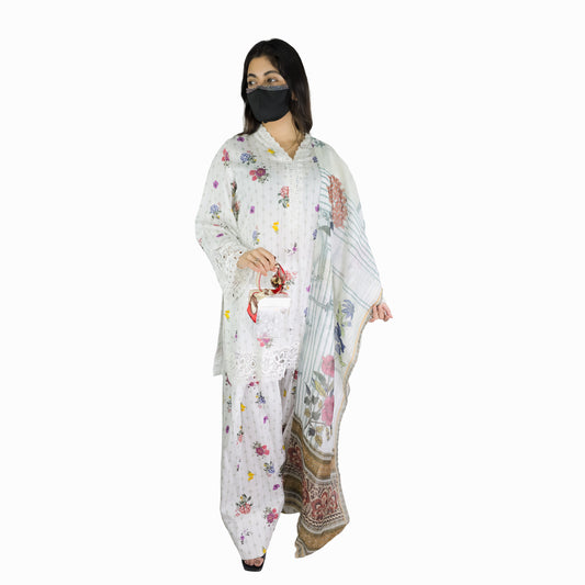 White Floral Printed Pakistani Suit