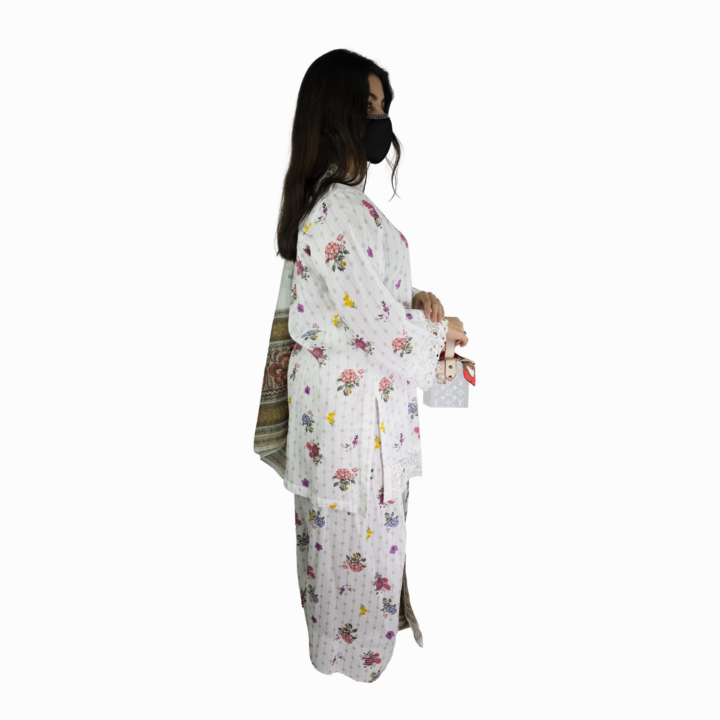 White Floral Printed Pakistani Suit