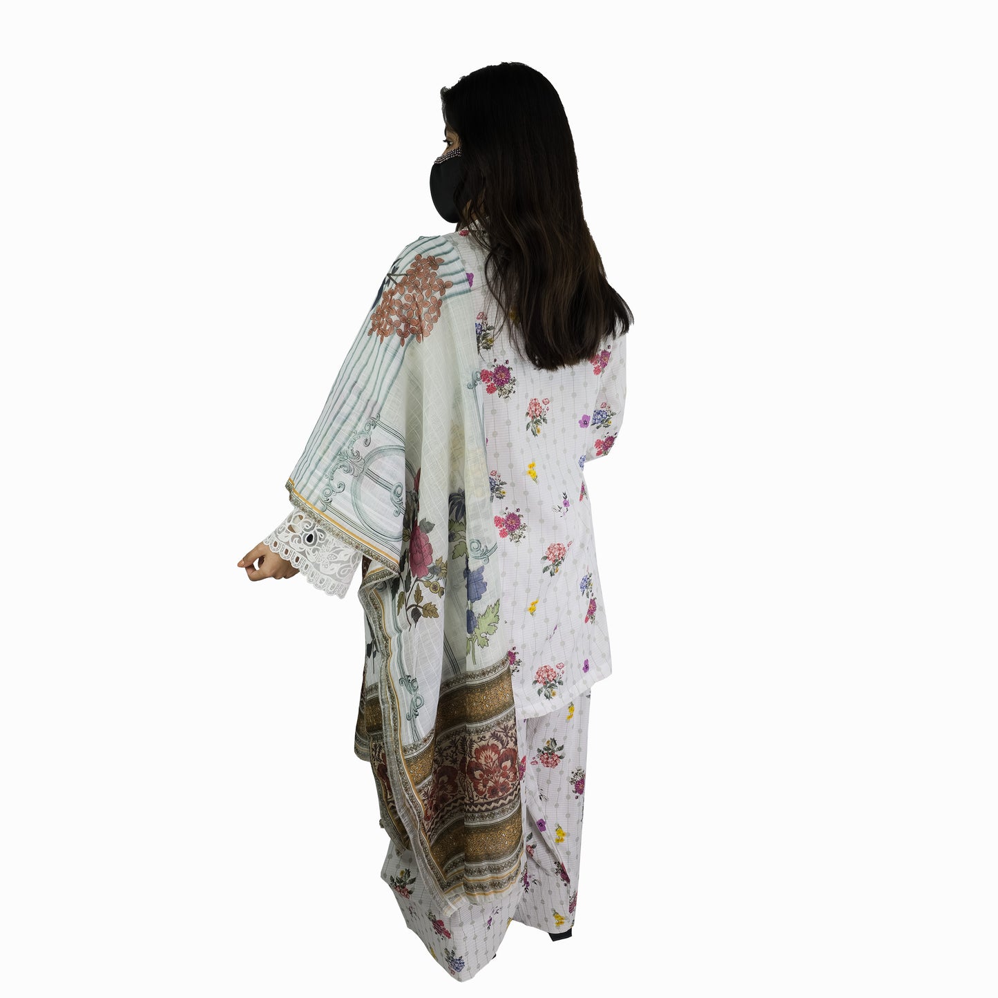 White Floral Printed Pakistani Suit