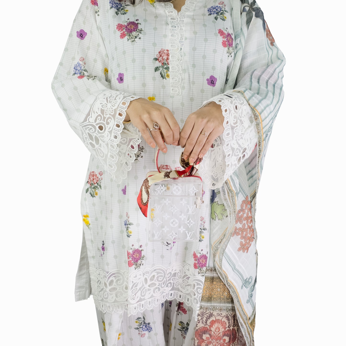 White Floral Printed Pakistani Suit
